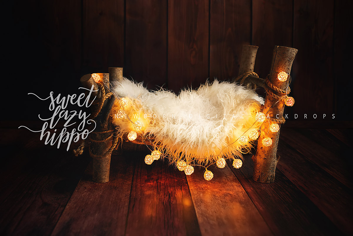 Christmas digital background for newborn and baby photography little luminous stars on the wall. Wooden bed with double fur